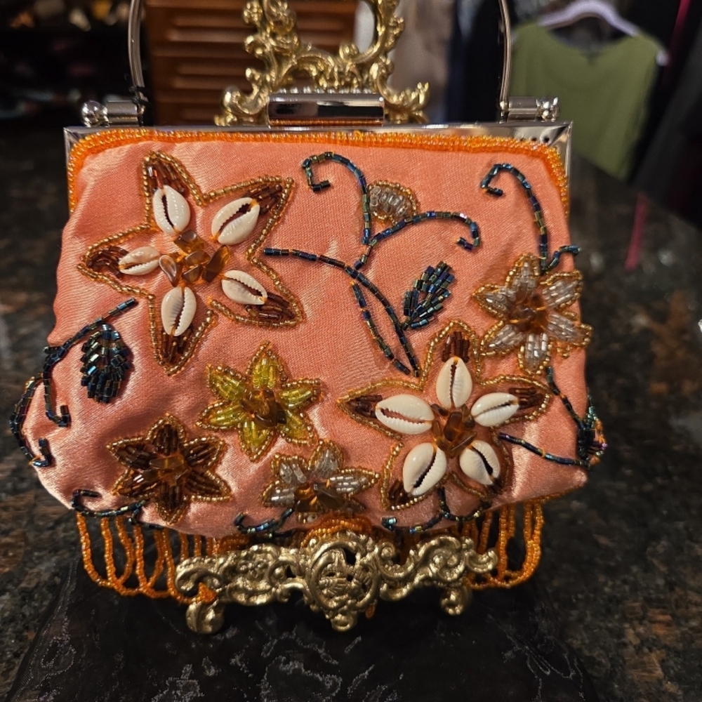 Embellished Floral Handbag With Shells And Beads.